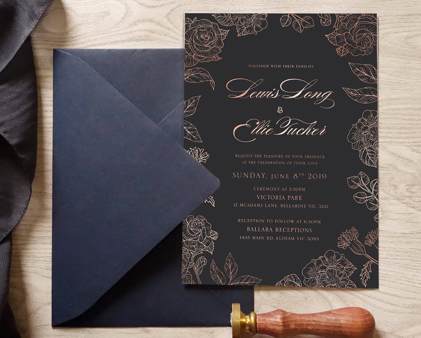 Dark Navy wedding invitation pressedfoil